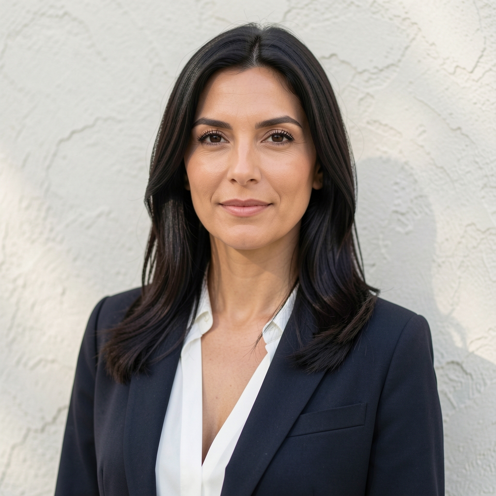 Editorial portrait of a woman with dark hair and a composed expression photographed against a textured off-white wall in soft natural side lighting