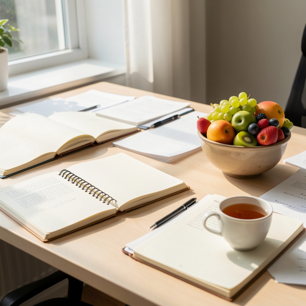 Sunlit editorial workspace with open notebooks, a cup of tea, scattered papers and a bowl of fresh seasonal fruit on a pale wooden desk