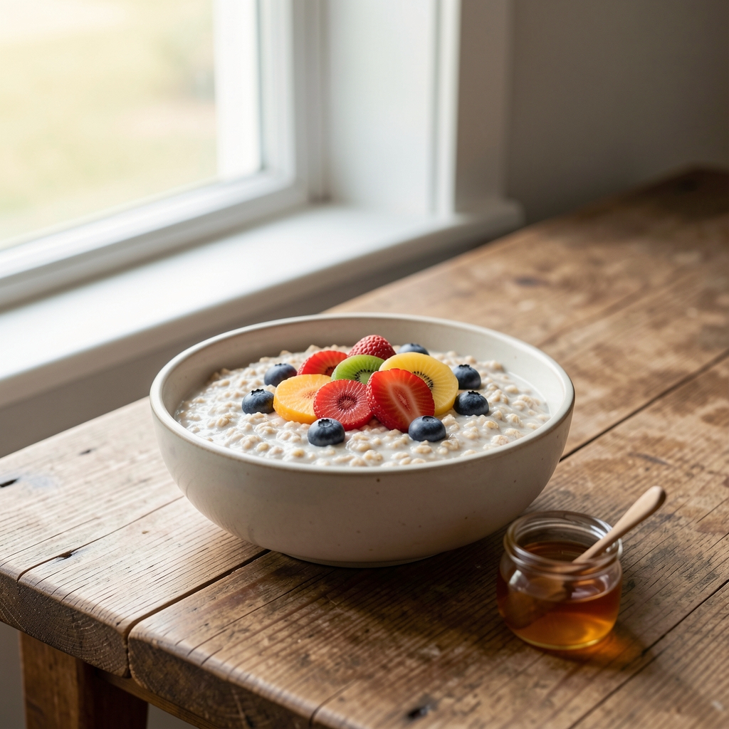 A breakfast setting with a ceramic bowl of oat porridge topped with sliced fresh fruit and a small pot of honey on a wooden table beside a window with pale morning light entering